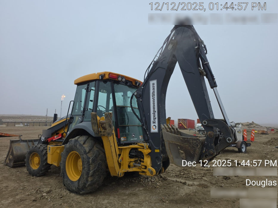 2019 John Deere 410L 4WD, CAB/HVAC, Standard Dipperstick, ISO Controls, Rear Aux Hydraulics, Manual QC, 1.5 Yd Bucket w/Forks, 24" Bucket