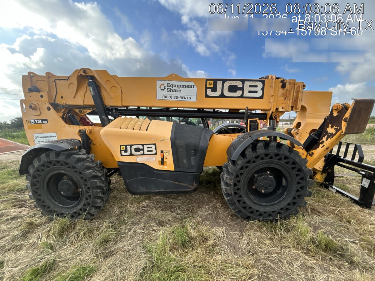 2019 JCB 512-56 109 HP w/CAB/HVAC, Beacon, Aux Hydraulics, Worklights, Solid Tires w/60" Carriage/Forks