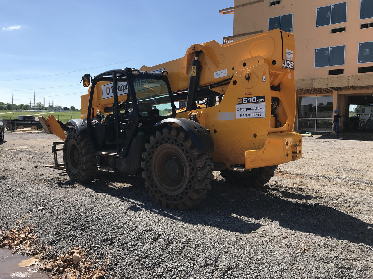 2019 JCB 510-56 Open ROPS, 74 HP, Solid Tires, Worklights, Beacon, Aux Hydraulics, Lifting Eye 66" Carriage/60" Forks