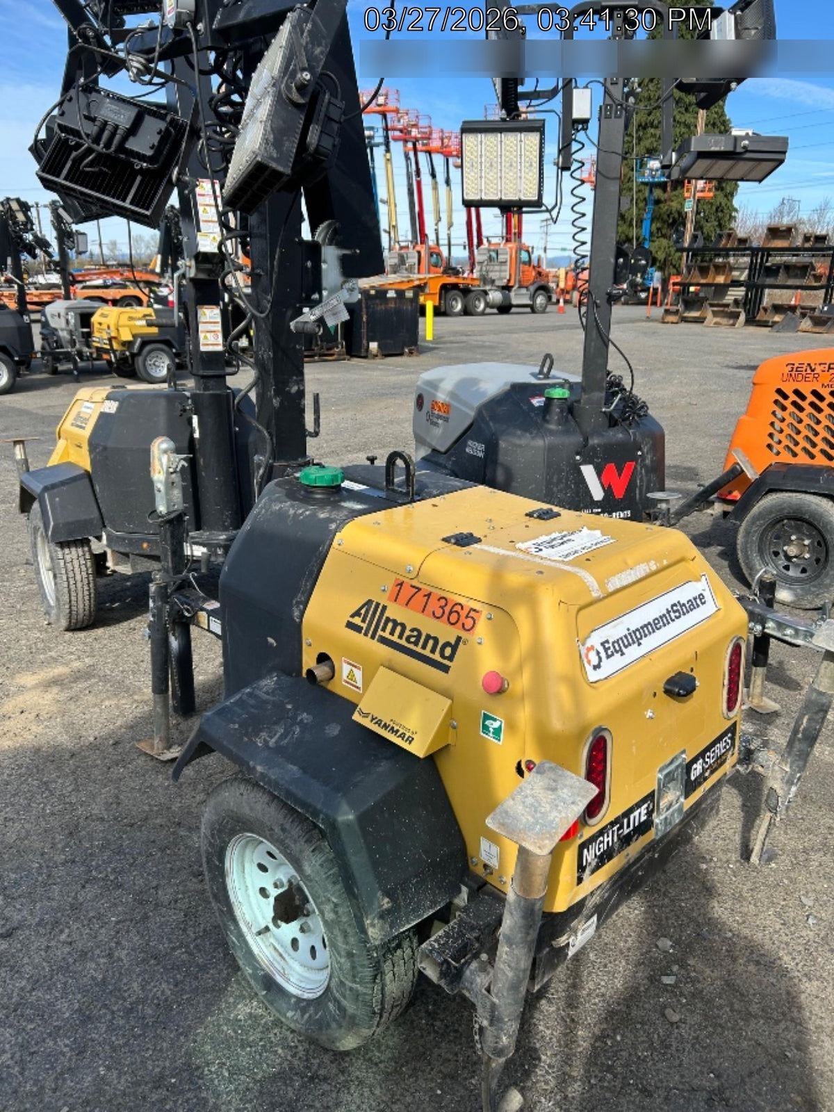 2021 Allmand NLV3GR (4) LED Light Fixture 350W, 23' Vertical Mast, 3kW Prime, Towable, Deep Sea L401, Leveling Jacks, Yanmar T4F 5.8hp
