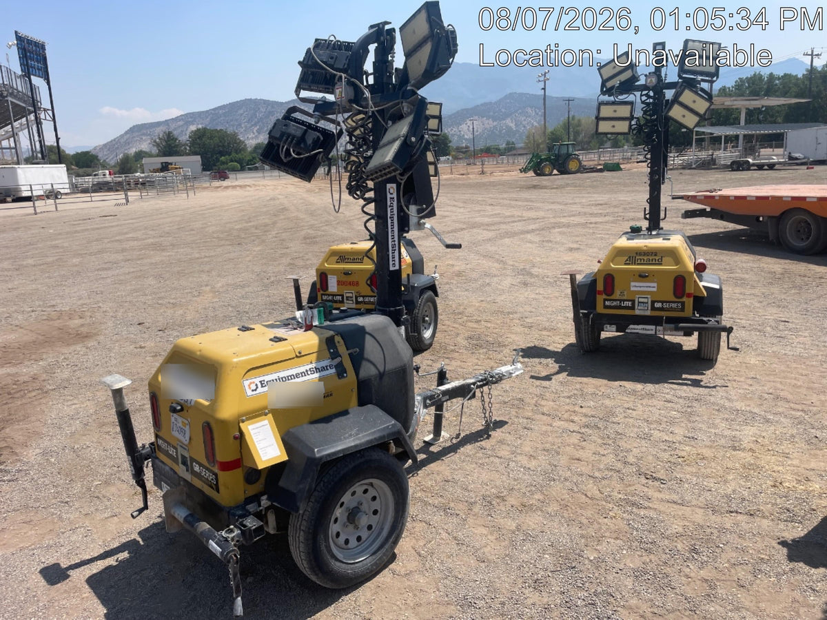 2021 Allmand NLV3GR (4) LED Light Fixture 350W, 23' Vertical Mast, 3kW Prime, Towable, Deep Sea L401, Leveling Jacks, Yanmar T4F 5.8hp