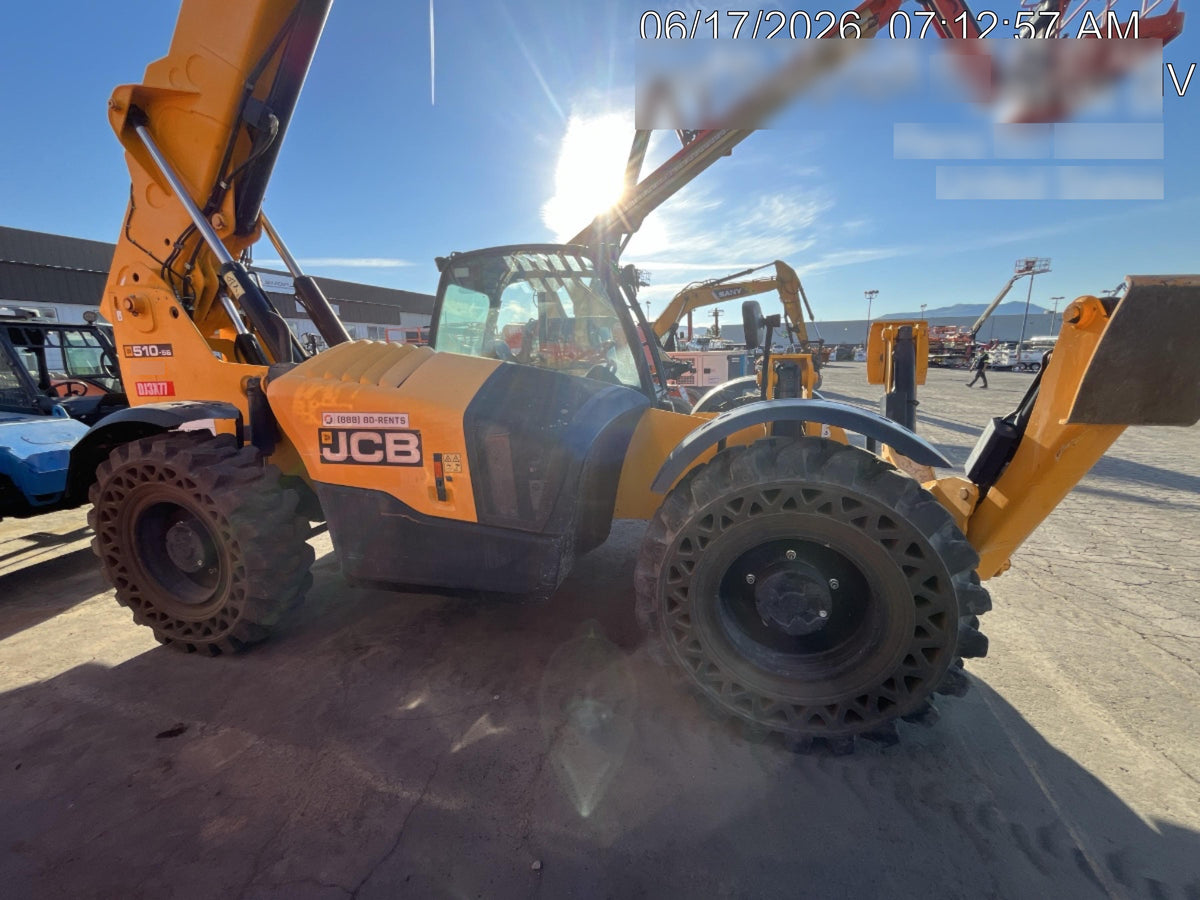 2019 JCB 510-56 74 HP w/Open ROPS, Beacon, Aux Hydraulics, Worklights, Solid Tires w/60" Carriage/Forks