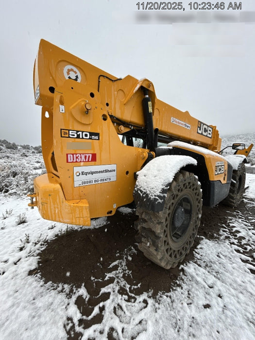 2019 JCB 510-56 74 HP w/Open ROPS, Beacon, Aux Hydraulics, Worklights, Solid Tires w/60" Carriage/Forks
