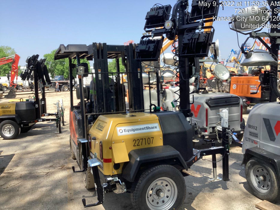 2022 Allmand NLV3GR (4) LED Light Fixture 350W, 23' Vertical Mast, 3kW Prime, Towable, Deep Sea L401, Leveling Jacks, Yanmar T4F 5.8hp