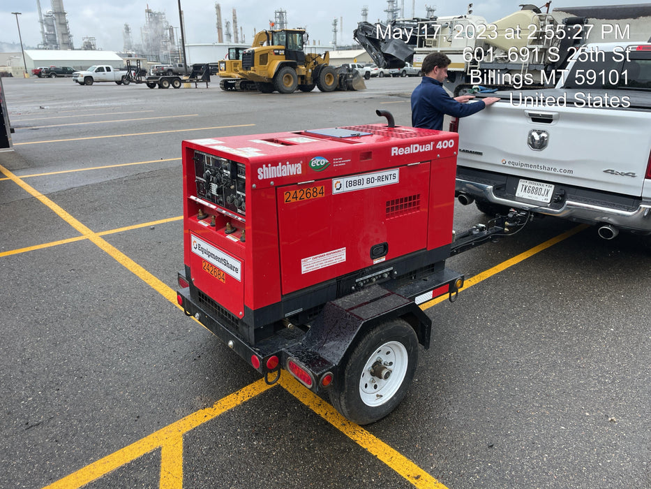 2022 Shindaiwa DGW400MDL Kubota D902 Engine, 23 HP, Dual Op Welder, Wire, Arc, Droop Stick, Tig, and CC Stick Functionality, Simulphase, 3 Phase and 1 Phase Gen Output, Single Axle NB Trlr, Slr Trckl Chrg 12V 12W, Fire Ext