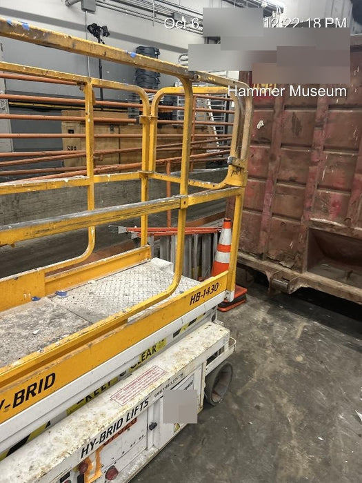 Custom Equipment HB-1430 <ul>
 <li>Hy-Brid Scissor Lift</li>
  <li>Platform capacity up to 670 lbs.</li>
  <li>Working height up to 20 ft</li>
  <li>Weighs under 1,700 lbs.</li>
  <li>Non-marking wheels </li>
</ul>