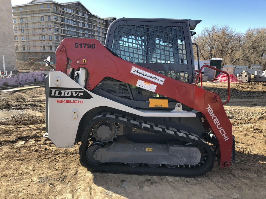 2019 Takeuchi TL10V2-CR Cab/Heat/AC, Rubber Tracks, Backup Alarm, Front & rear working Lights, Auxiliary Hydraulics, 2 Speed Travel, Engine Monitoring System, Hydraulic universal quick hitch w/76" HD dirt bucket with 8 teeth, 20.3 cubic feet capacity, 48" Pallet forks and frame