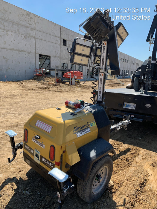 2022 Allmand NLV3GR (4) LED Light Fixture 350W, 23' Vertical Mast, 3kW Prime, Towable, Deep Sea L401, Leveling Jacks, Yanmar T4F 5.8hp