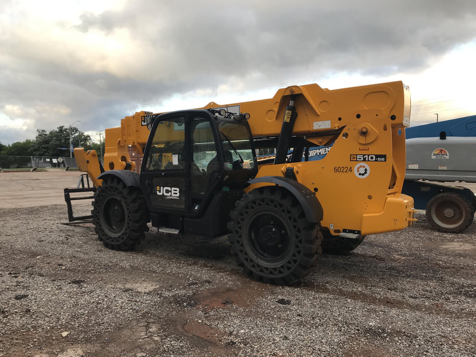 2020 JCB 510-56 Cab/Heat/Air, 74 HP, Solid Tires, STD Worklight, Beacon, Aux Hydraulics, Lifting Eye, Back up Alarm w/66" Carriage/60" Forks