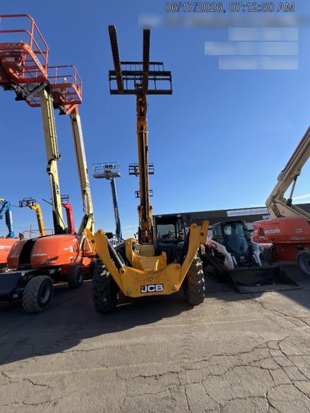 2019 JCB 510-56 74 HP w/Open ROPS, Beacon, Aux Hydraulics, Worklights, Solid Tires w/60" Carriage/Forks