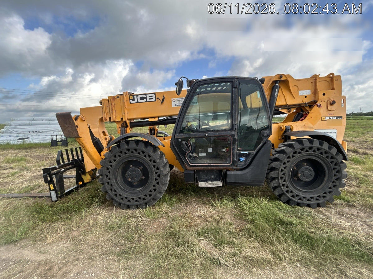 2019 JCB 512-56 109 HP w/CAB/HVAC, Beacon, Aux Hydraulics, Worklights, Solid Tires w/60" Carriage/Forks