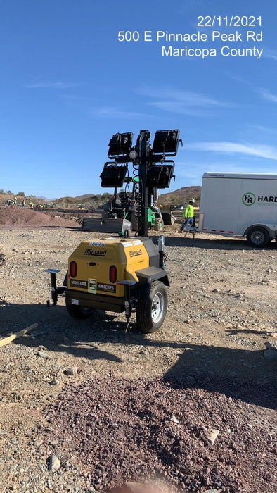 Allmand NLV3GR (4) LED Light Fixture 350W, 23' Vertical Mast, 3kW Prime, Towable, Deep Sea L401, Leveling Jacks, Yanmar T4F 5.8hp