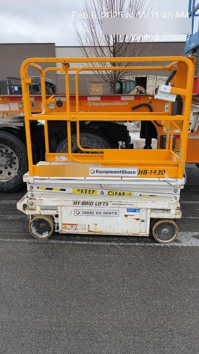 Custom Equipment HB-1430 <ul>
 <li>Hy-Brid Scissor Lift</li>
  <li>Platform capacity up to 670 lbs.</li>
  <li>Working height up to 20 ft</li>
  <li>Weighs under 1,700 lbs.</li>
  <li>Non-marking wheels </li>
</ul>