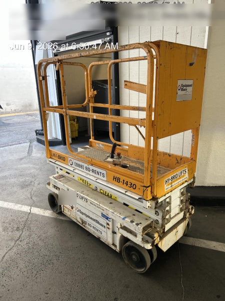 Custom Equipment HB-1430 <ul>
 <li>Hy-Brid Scissor Lift</li>
  <li>Platform capacity up to 670 lbs.</li>
  <li>Working height up to 20 ft</li>
  <li>Weighs under 1,700 lbs.</li>
  <li>Non-marking wheels </li>
</ul>