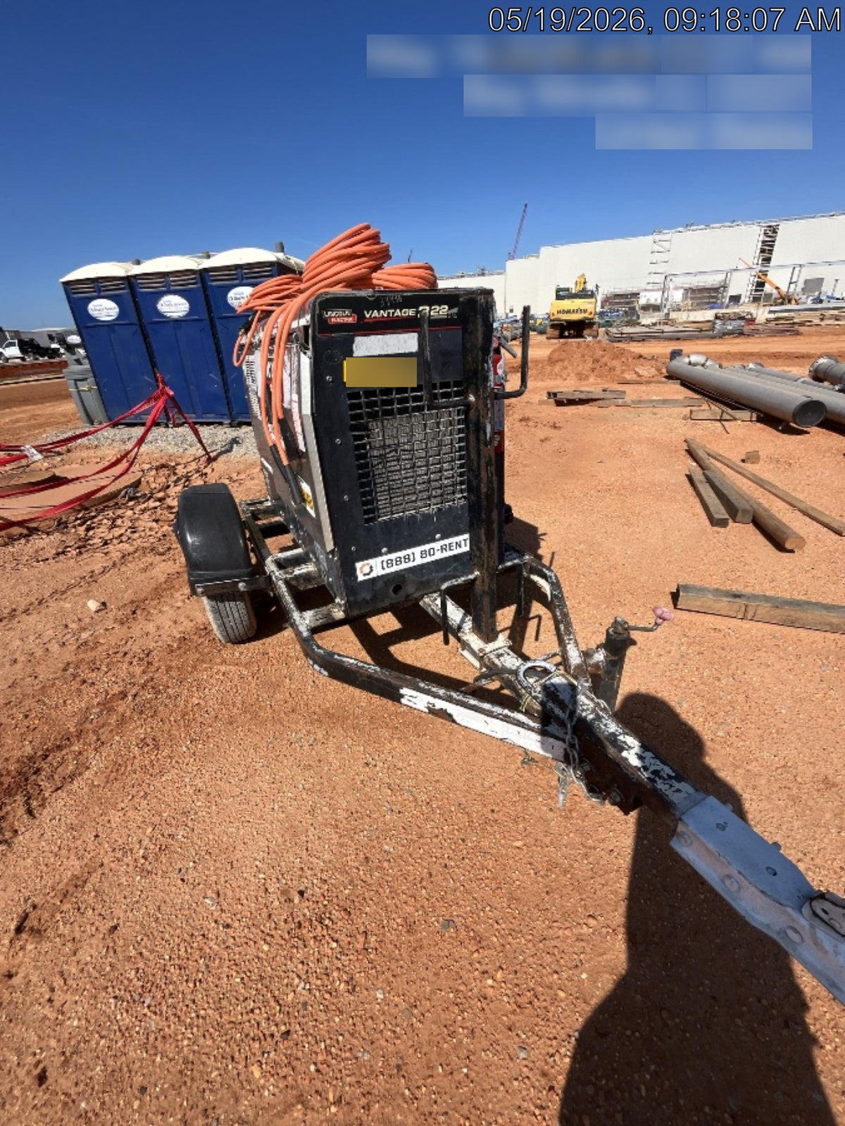 2019 Lincoln Electric Vantage 322 Welder Ready-Pak 3, Two wheel trailer, Fender and Light kit, Cable Rack