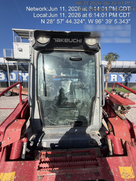2019 Takeuchi TL10V2-CR Cab/Heat/AC, Rubber Tracks, Backup Alarm, Front & rear working Lights, Auxiliary Hydraulics, 2 Speed Travel, Engine Monitoring System, Hydraulic universal quick hitch w/76" HD smooth dirt bucket with bolt-on edge, 20.3 cubic feet capacity, 48" Pallet forks and frame