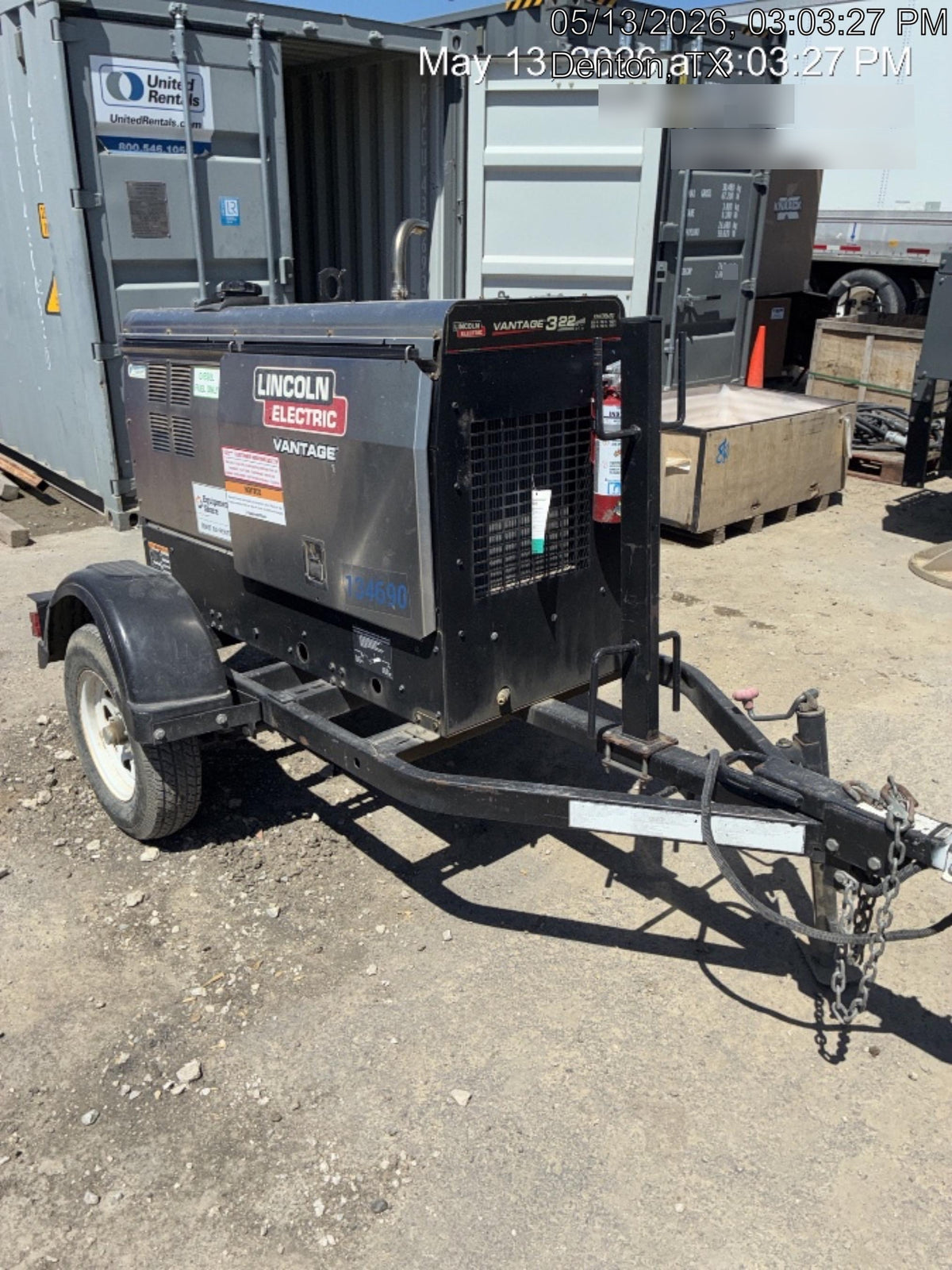 2019 Lincoln Electric Vantage 322 Welder Ready-Pak 3, Two wheel trailer, Fender and Light kit, Cable Rack