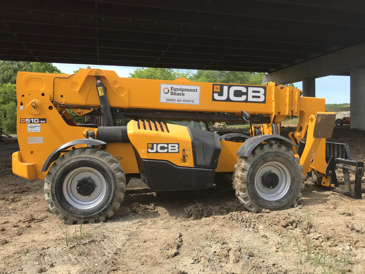 2019 JCB 510-56 74 HP w/Open ROPS, Beacon, Aux Hydraulics, Worklights, Solid Tires 60" Carriage/Forks