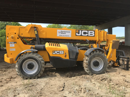 2019 JCB 510-56 74 HP w/Open ROPS, Beacon, Aux Hydraulics, Worklights, Solid Tires 60" Carriage/Forks