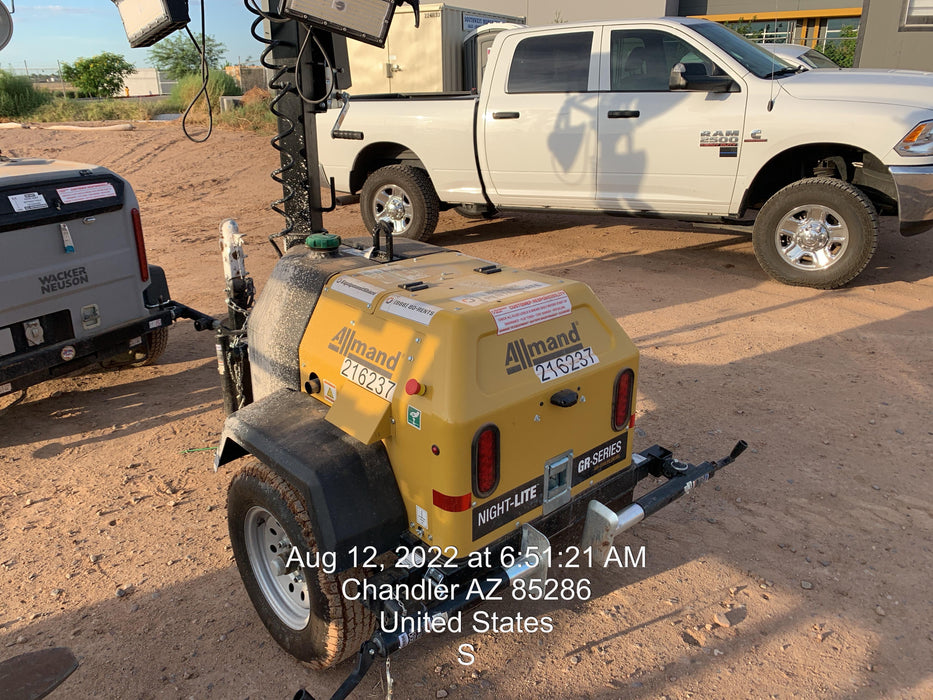 2022 Allmand NLV3GR (4) LED Light Fixture 350W, 23' Vertical Mast, 3kW Prime, Towable, Deep Sea L401, Leveling Jacks, Yanmar T4F 5.8hp