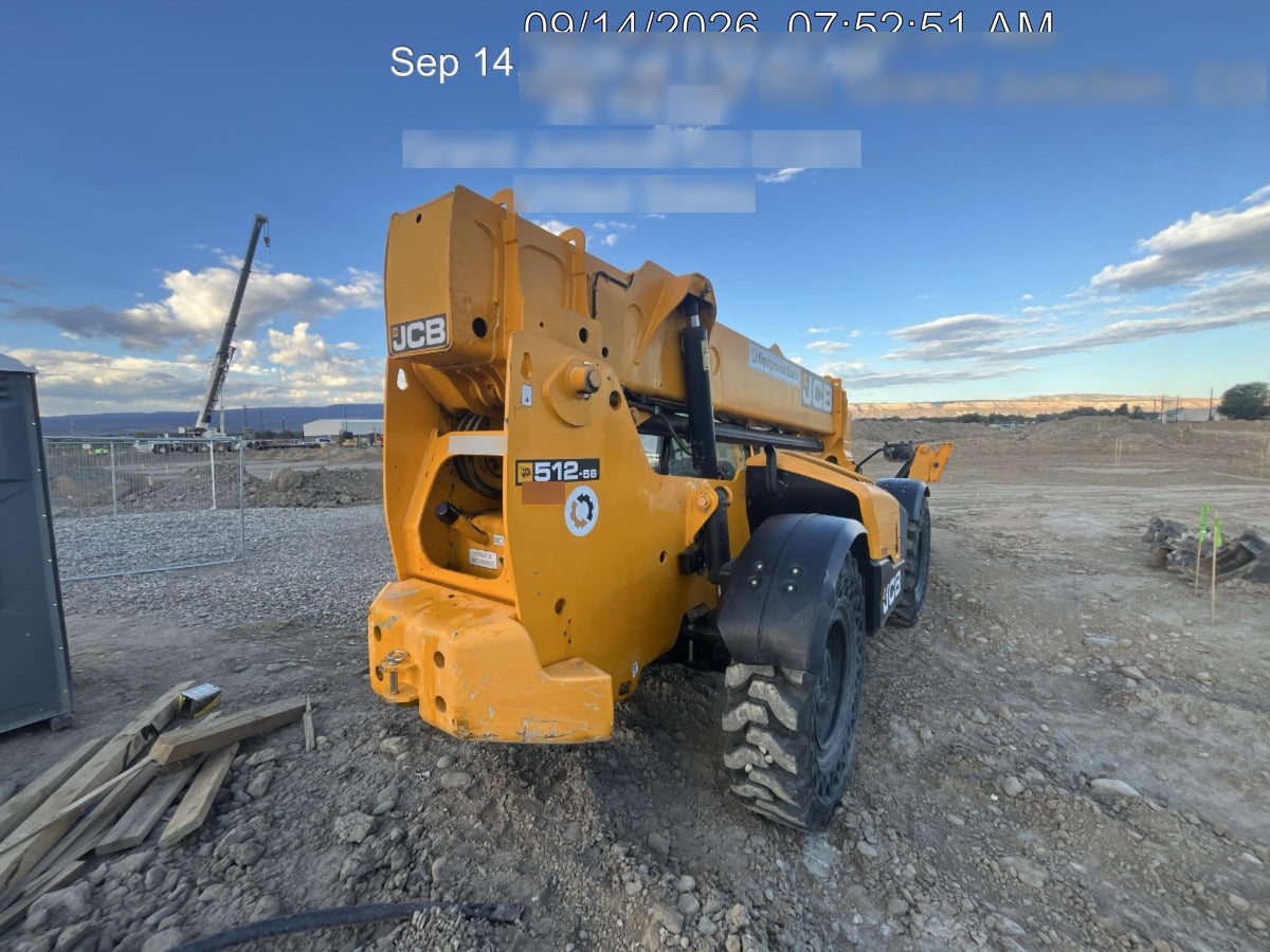 2019 JCB 512-56 Enclosed Cab, 109 HP, Solid Tires, Worklights, Beacon, Aux Hydraulics, Lifting Eye w/66" Carriage/60" Forks