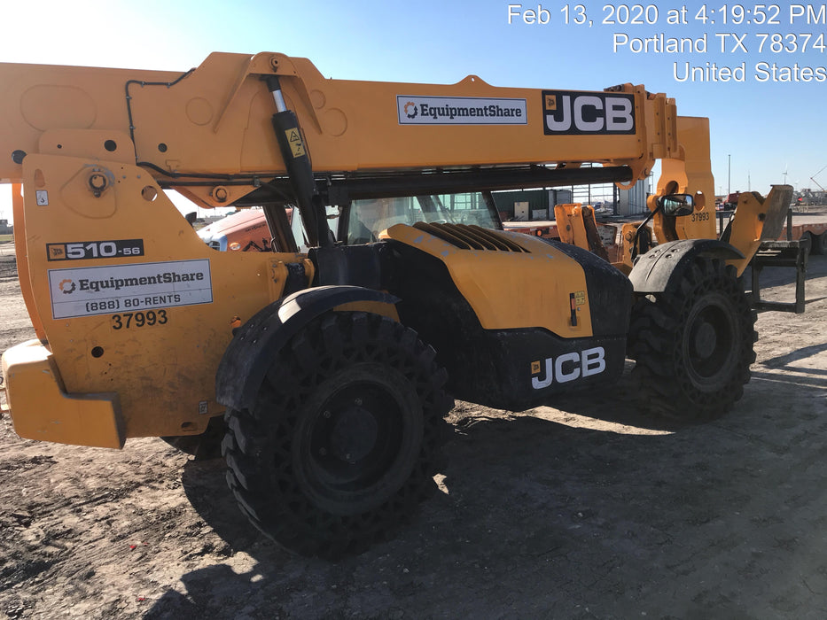 2019 JCB 510-56 74 HP w/CAB/HVAC, Beacon, Worklights, Aux Hydraulics, Solid Tires 66" Carriage/60" Forks