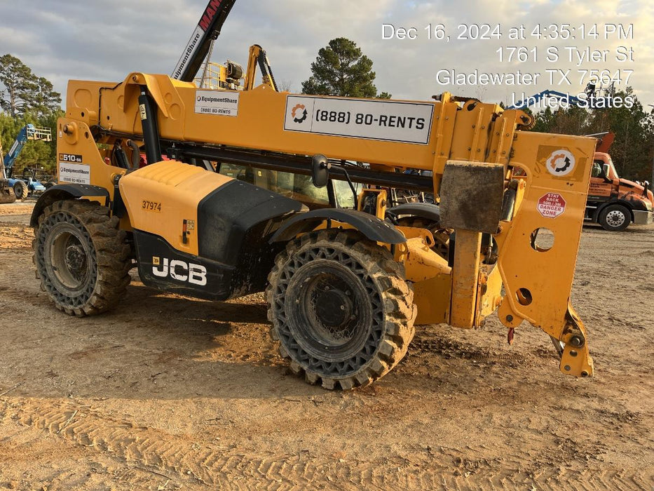 2019 JCB 510-56 74 HP w/CAB/HVAC, Beacon, Worklights, Aux Hydraulics, Solid Tires 72" Carriage/60" Forks