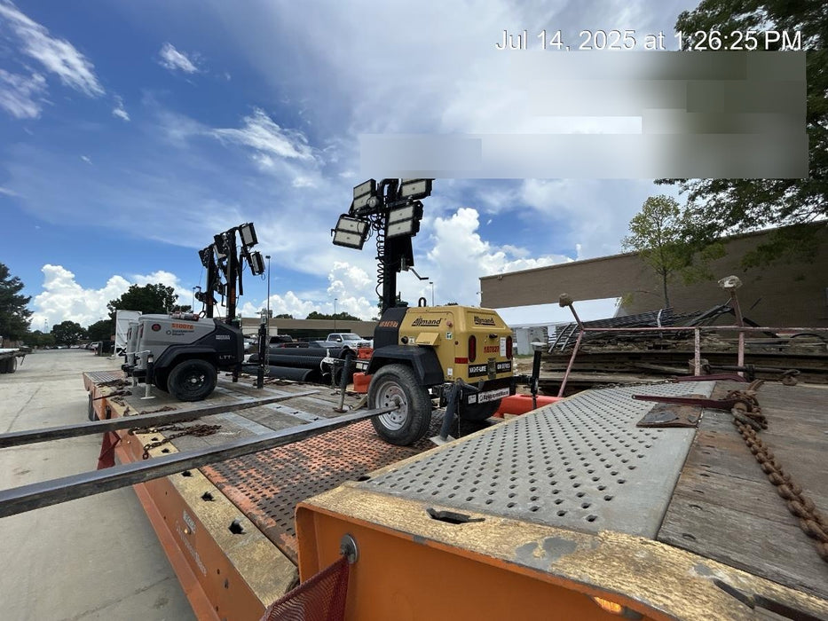 Allmand NLV3GR (4) LED Light Fixture 350W, 23' Vertical Mast, 3kW Prime, Towable, Deep Sea L401, Leveling Jacks, Yanmar T4F 5.8hp