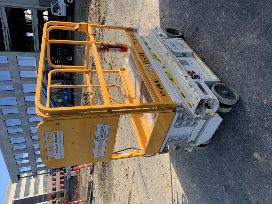 Custom Equipment HB-1430 Hy-Brid Scissor Lift
Platform capacity up to 670 lbs
Working height up to 20 ft
Weighs under 1,700 lbs
Non-marking wheels
