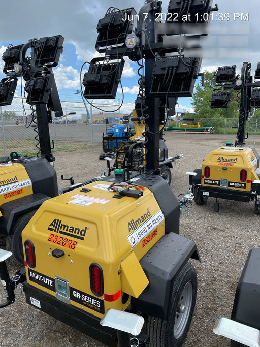 2022 Allmand NLV3GR (4) LED Light Fixture 350W, 23' Vertical Mast, 3kW Prime, Towable, Deep Sea L401, Leveling Jacks, Yanmar T4F 5.8hp