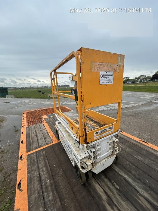 Custom Equipment HB-1430 <ul>
 <li>Hy-Brid Scissor Lift</li>
  <li>Platform capacity up to 670 lbs.</li>
  <li>Working height up to 20 ft</li>
  <li>Weighs under 1,700 lbs.</li>
  <li>Non-marking wheels </li>
</ul>