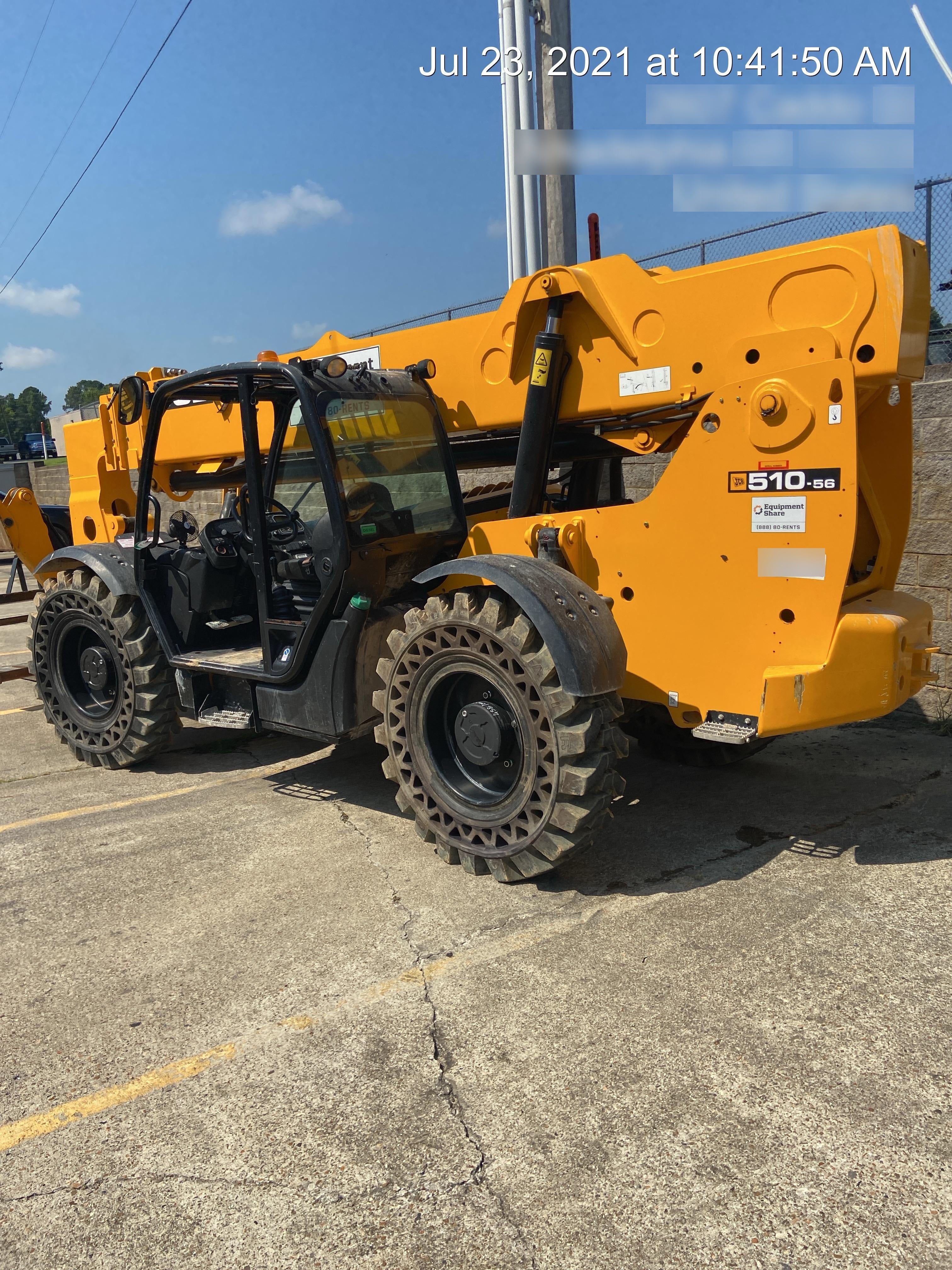 2019 JCB 510-56 74 HP w/Open ROPS, Beacon, Aux Hydraulics, Worklights, Solid Tires 60" Carriage/Forks
