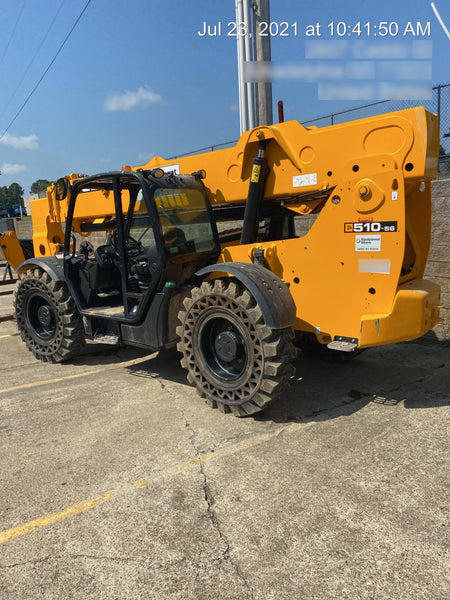 2019 JCB 510-56 74 HP w/Open ROPS, Beacon, Aux Hydraulics, Worklights, Solid Tires 60" Carriage/Forks