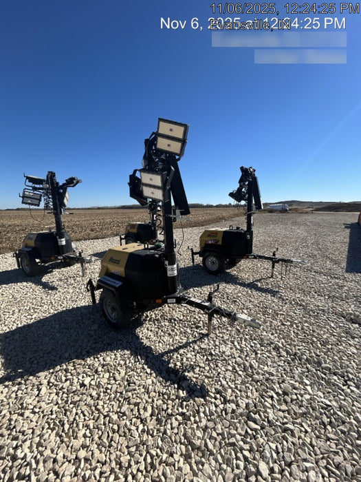 2022 Allmand NLV3GR (4) LED Light Fixture 350W, 23' Vertical Mast, 3kW Prime, Towable, Deep Sea L401, Leveling Jacks, Yanmar T4F 5.8hp