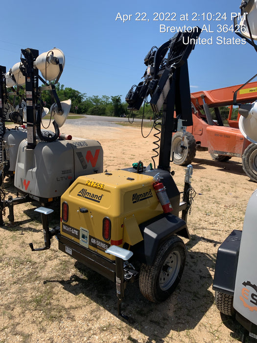 2022 Allmand NLV3GR (4) LED Light Fixture 350W, 23' Vertical Mast, 3kW Prime, Towable, Deep Sea L401, Leveling Jacks, Yanmar T4F 5.8hp