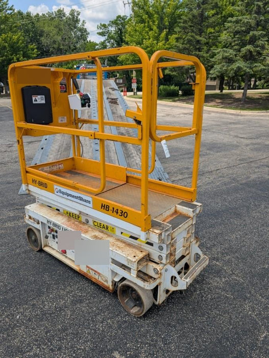 Custom Equipment HB-1430 <ul>
 <li>Hy-Brid Scissor Lift</li>
  <li>Platform capacity up to 670 lbs.</li>
  <li>Working height up to 20 ft</li>
  <li>Weighs under 1,700 lbs.</li>
  <li>Non-marking wheels </li>
</ul>
