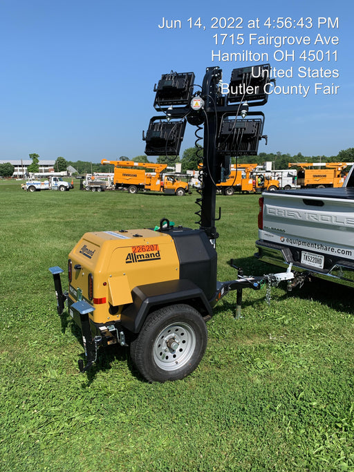 2022 Allmand NLV3GR (4) LED Light Fixture 350W, 23' Vertical Mast, 3kW Prime, Towable, Deep Sea L401, Leveling Jacks, Yanmar T4F 5.8hp