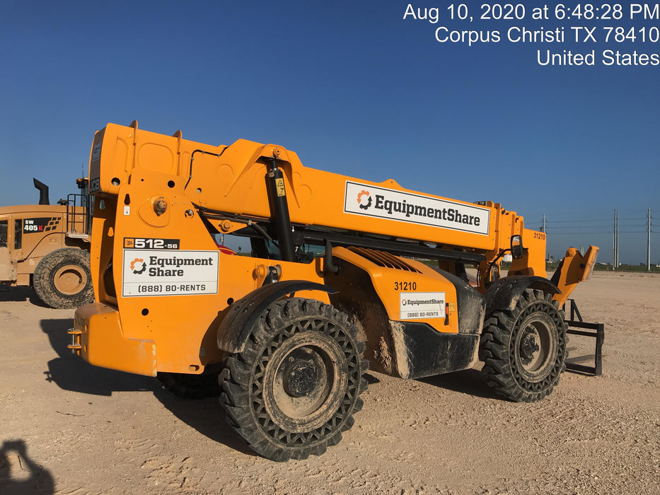 2019 JCB 512-56 Enclosed Cab, 109 HP, Solid Tires, Worklights, Beacon, Aux Hydraulics, Lifting Eye w/60" Carriage/60" Forks