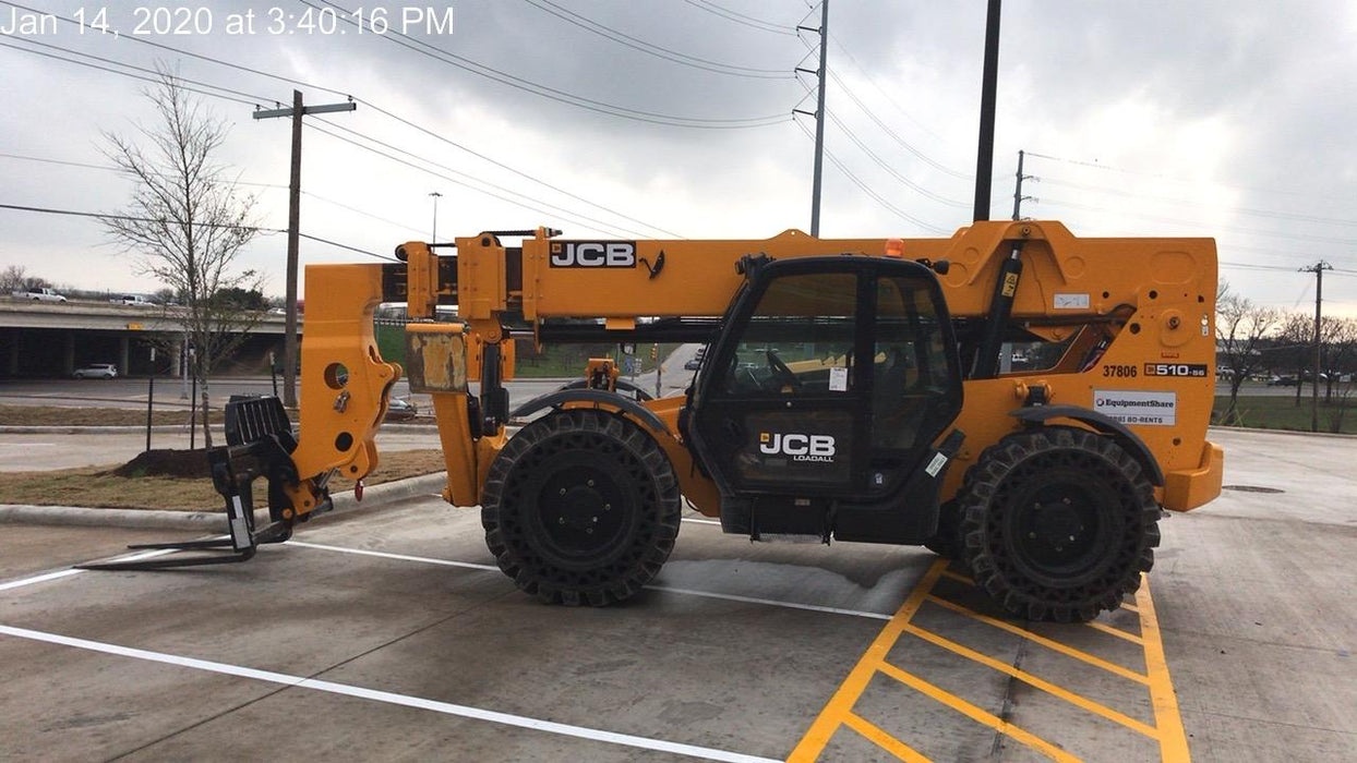 2019 JCB 510-56 Enclosed Cab, 74 HP, Solid Tires, Worklights, Beacon, Aux Hydraulics, Lifting Eye 66" Carriage/60" Forks