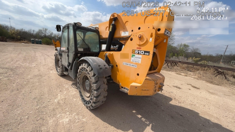 2019 JCB 510-56 Enclosed Cab, 74 HP, Solid Tires, Worklights, Beacon, Aux Hydraulics, Lifting Eye w/66" Carriage/60" Forks