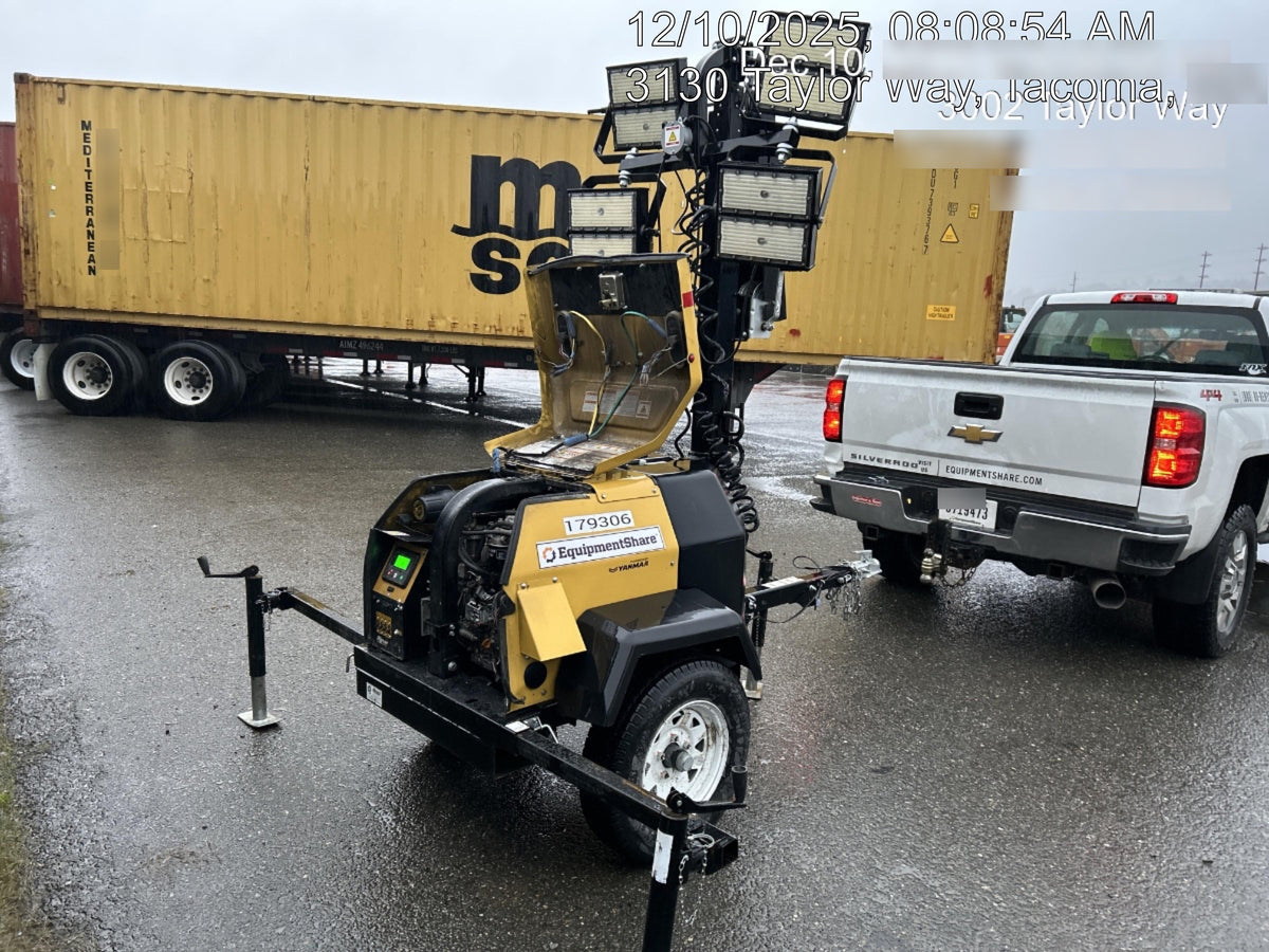 Allmand NLV3GR (4) LED Light Fixture 350W, 23' Vertical Mast, 3kW Prime, Towable, Deep Sea L401, Leveling Jacks, Yanmar T4F 5.8hp