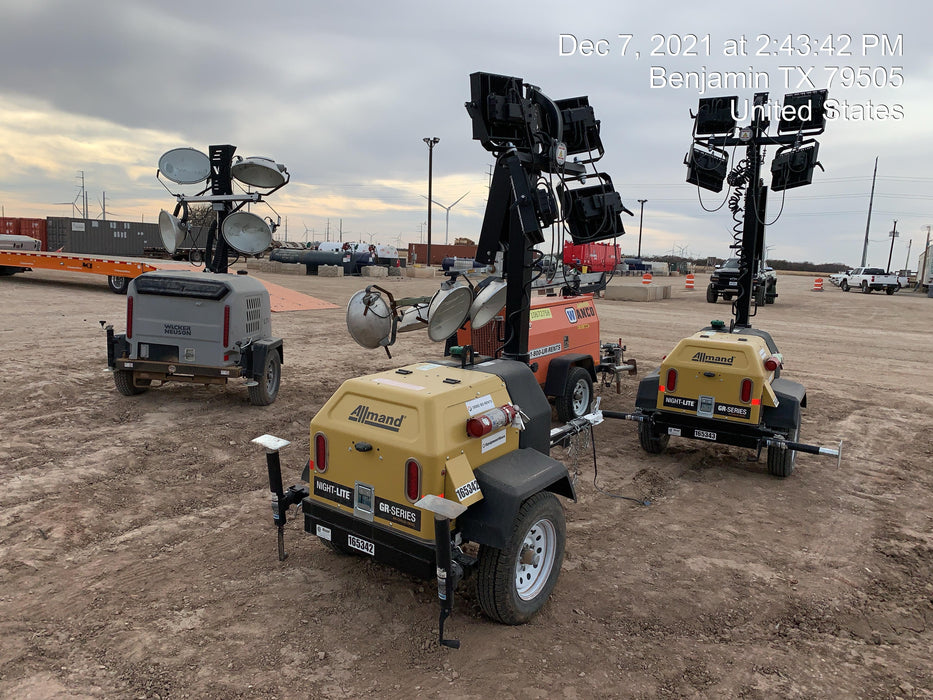 2021 Allmand NLV3GR (4) LED Light Fixture 350W, 23' Vertical Mast, 3kW Prime, Towable, Deep Sea L401, Leveling Jacks, Yanmar T4F 5.8hp