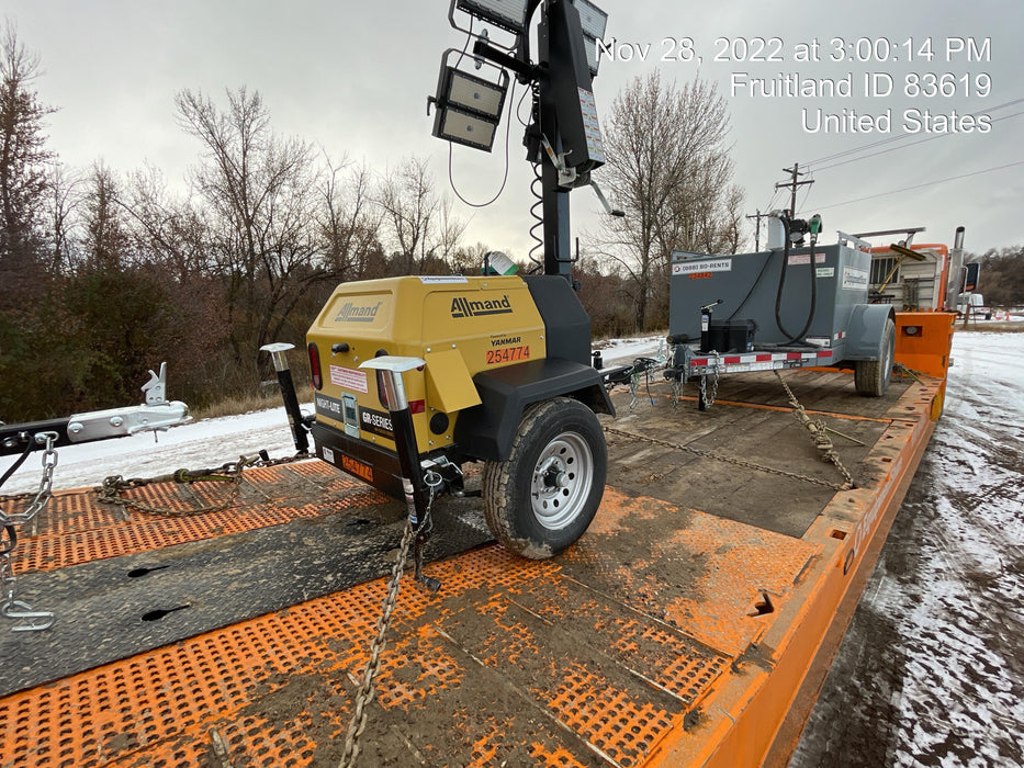 2022 Allmand NLV3GR (4) LED Light Fixture 350W, 23' Vertical Mast, 3kW Prime, Towable, ES Decals, T3