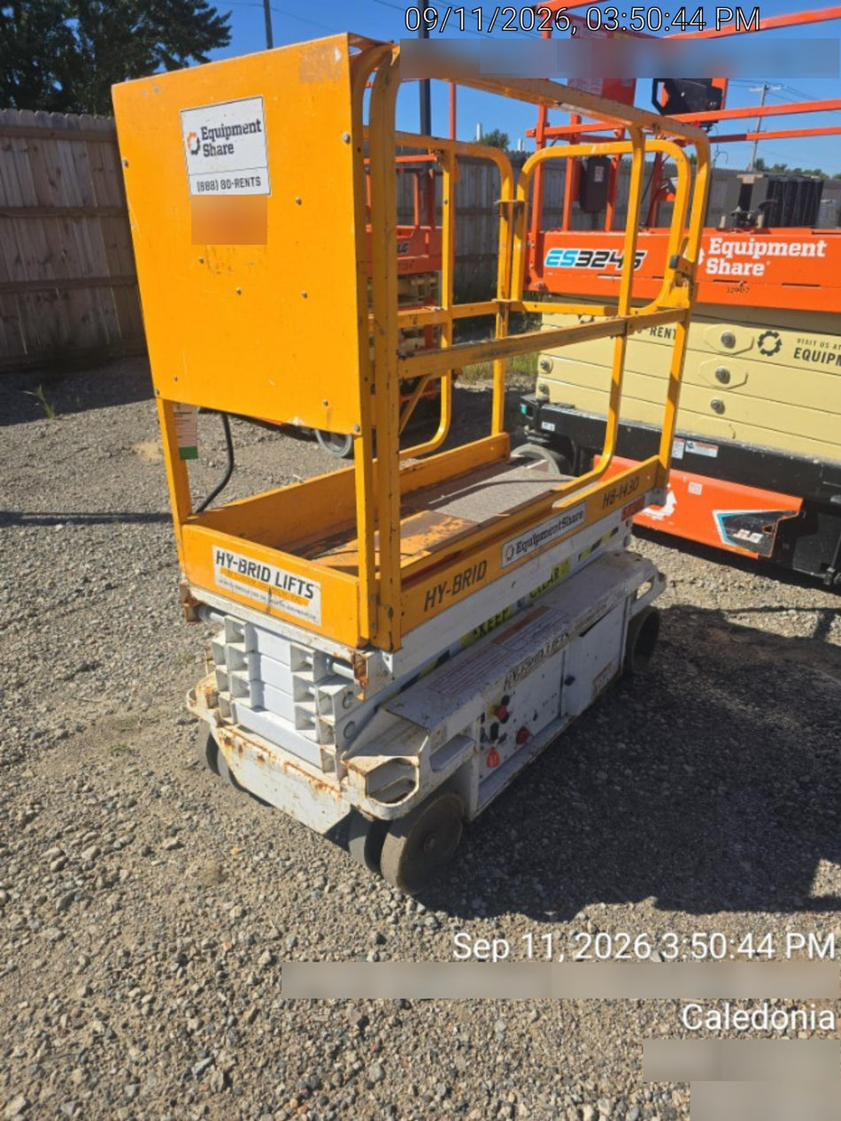 Custom Equipment HB-1430 <ul>
 <li>Hy-Brid Scissor Lift</li>
  <li>Platform capacity up to 670 lbs.</li>
  <li>Working height up to 20 ft</li>
  <li>Weighs under 1,700 lbs.</li>
  <li>Non-marking wheels </li>
</ul>