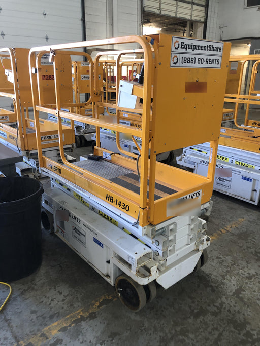 Custom Equipment HB-1430 <ul>
 <li>Hy-Brid Scissor Lift</li>
  <li>Platform capacity up to 670 lbs.</li>
  <li>Working height up to 20 ft</li>
  <li>Weighs under 1,700 lbs.</li>
  <li>Non-marking wheels </li>
</ul>