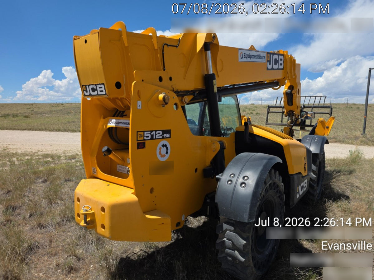 2019 JCB 512-56 Cab/Heat/Air, 109 HP, Solid Tires, STD Worklight, Beacon, Aux Hydraulics, Lifting Eye, Back up Alarm w/66" Carriage/60" Forks