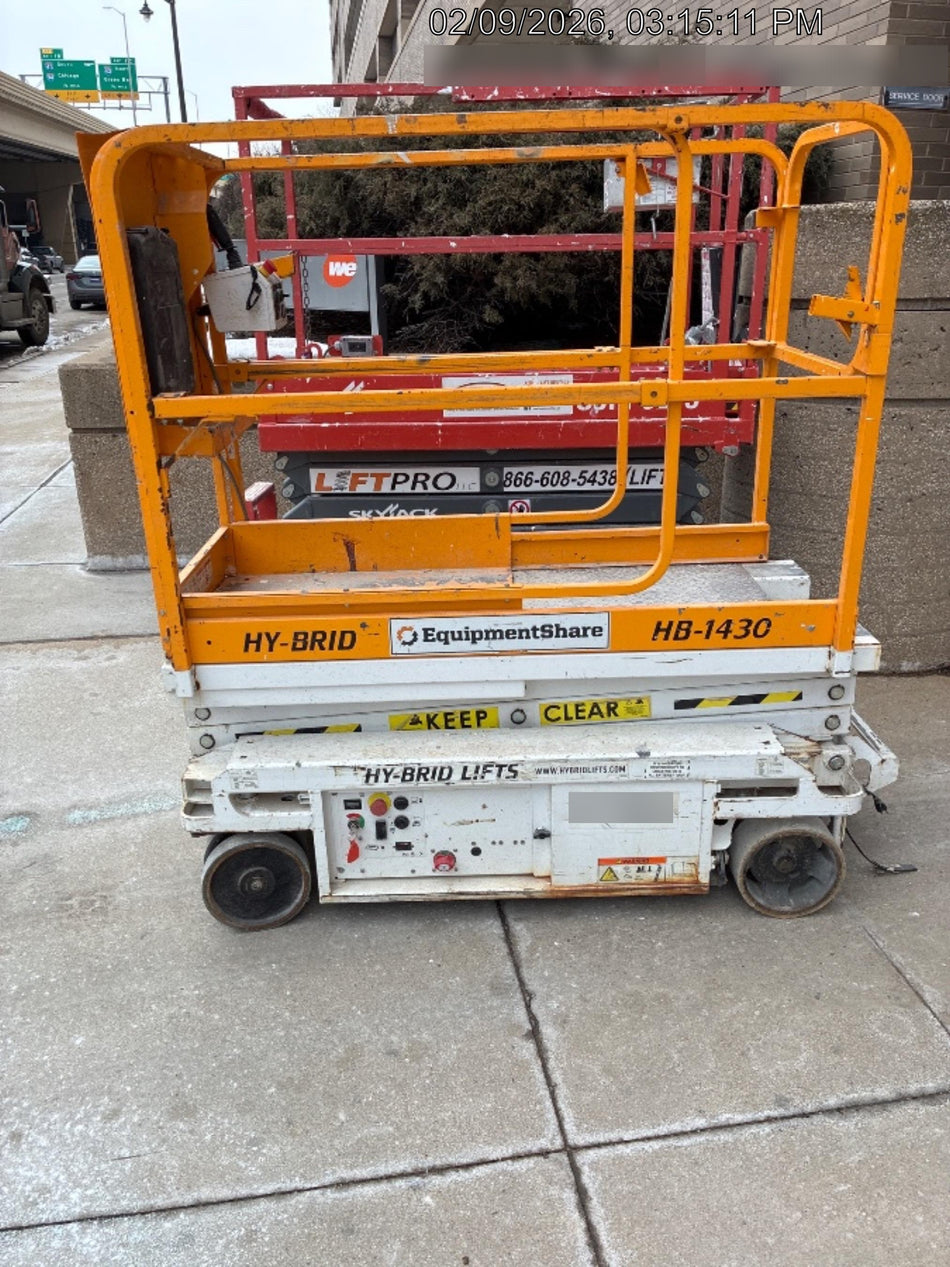 Custom Equipment HB-1430 <ul>
 <li>Hy-Brid Scissor Lift</li>
  <li>Platform capacity up to 670 lbs.</li>
  <li>Working height up to 20 ft</li>
  <li>Weighs under 1,700 lbs.</li>
  <li>Non-marking wheels </li>
</ul>