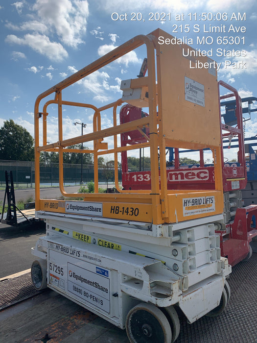 Custom Equipment HB-1430 Hy-Brid Scissor Lift
Platform capacity up to 670 lbs
Working height up to 20 ft
Weighs under 1,700 lbs
Non-marking wheels