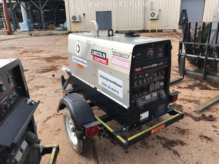 2019 Lincoln Electric Vantage 322 Welder Ready-Pak 3, Two wheel trailer, Fender and Light kit, Cable Rack