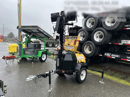 Allmand NLV3GR (4) LED Light Fixture 350W, 23' Vertical Mast, 3kW Prime, Towable, Deep Sea L401, Leveling Jacks, Yanmar T4F 5.8hp